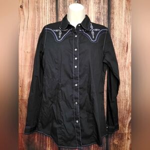 Rock 47 By Wrangler Black Western Shirt with Embroidered Details Size Medium